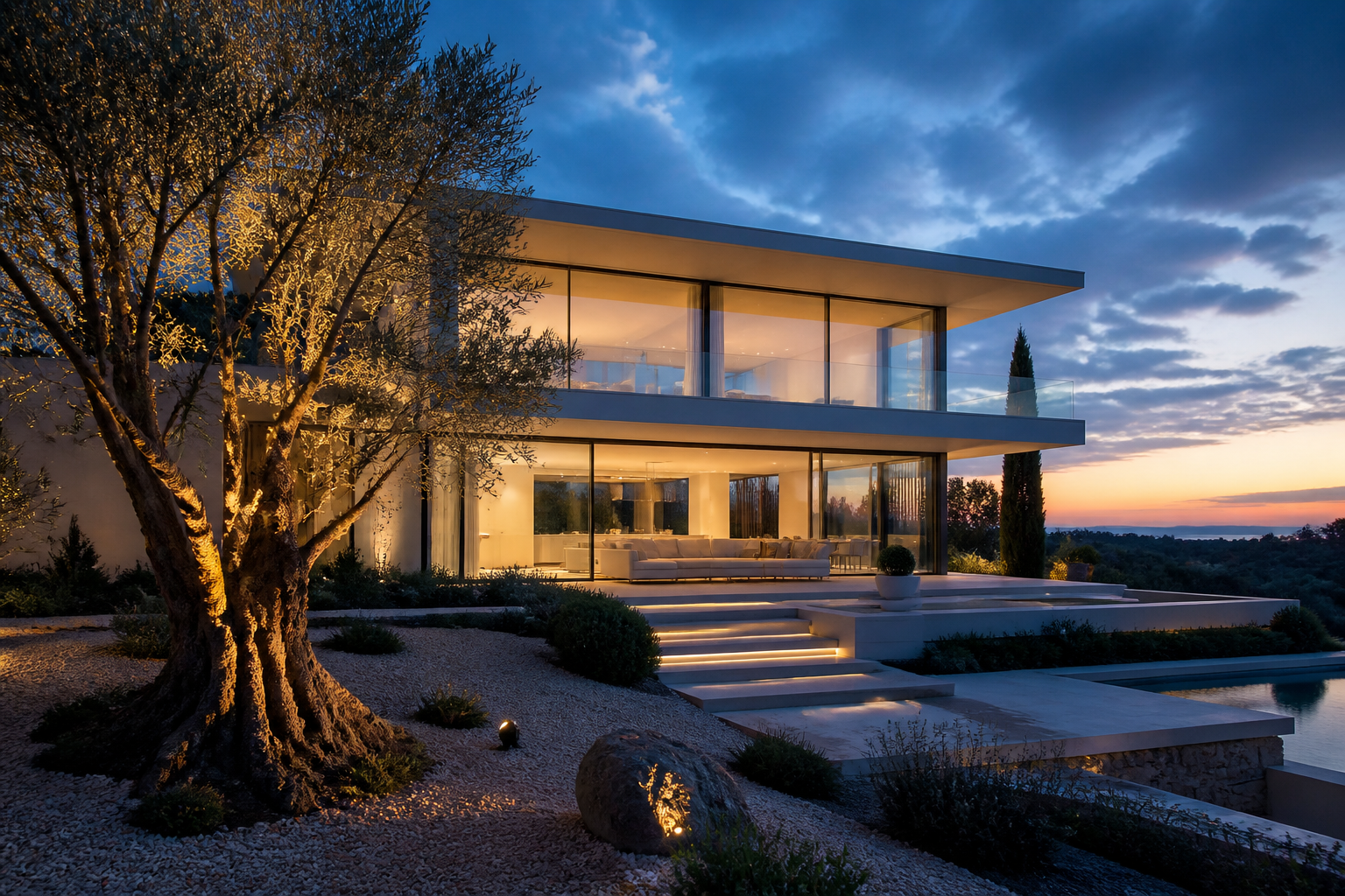 Maison contemporaine au crépuscule